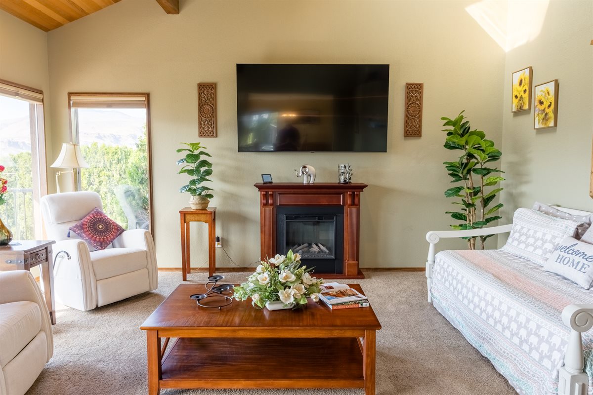 Sun-drenched living room with fireplace